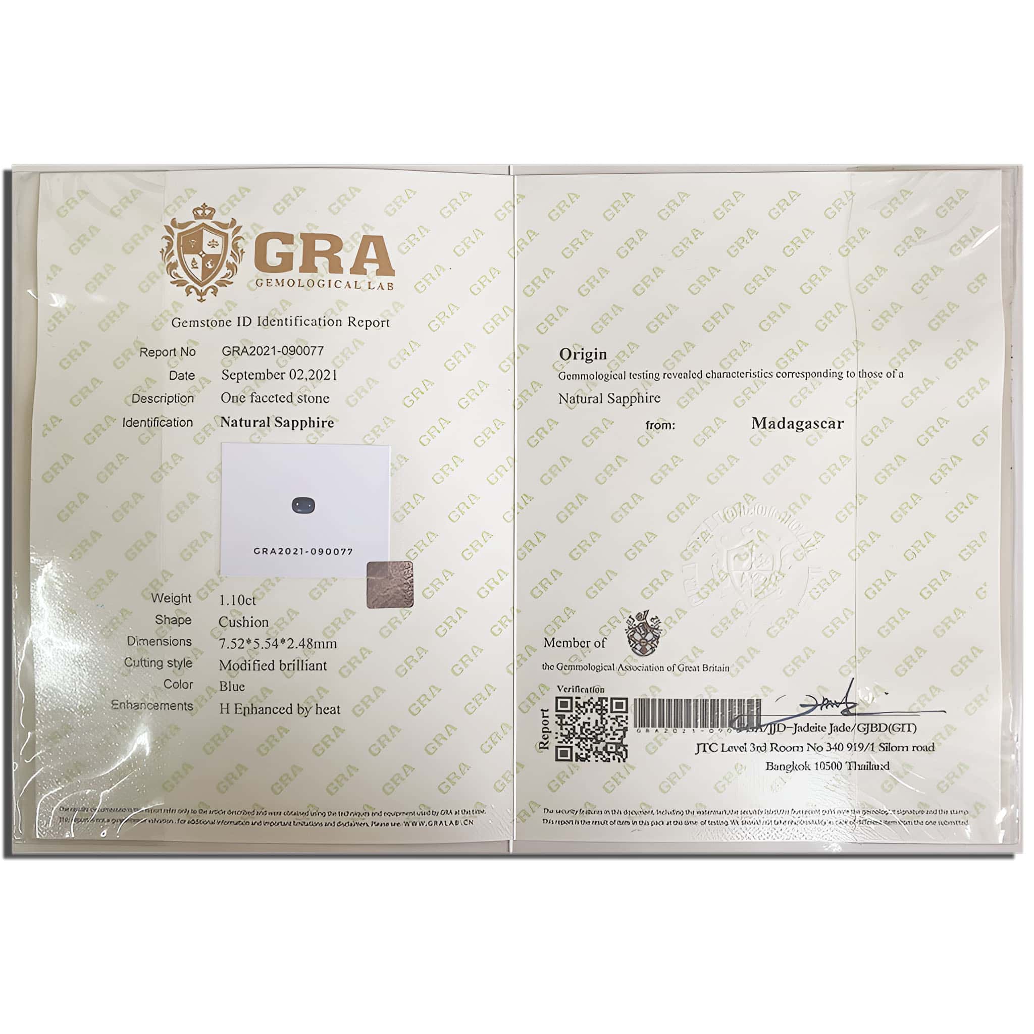 1.10 Carats - Certificate Natural Cushion Modified Blue Sapphire