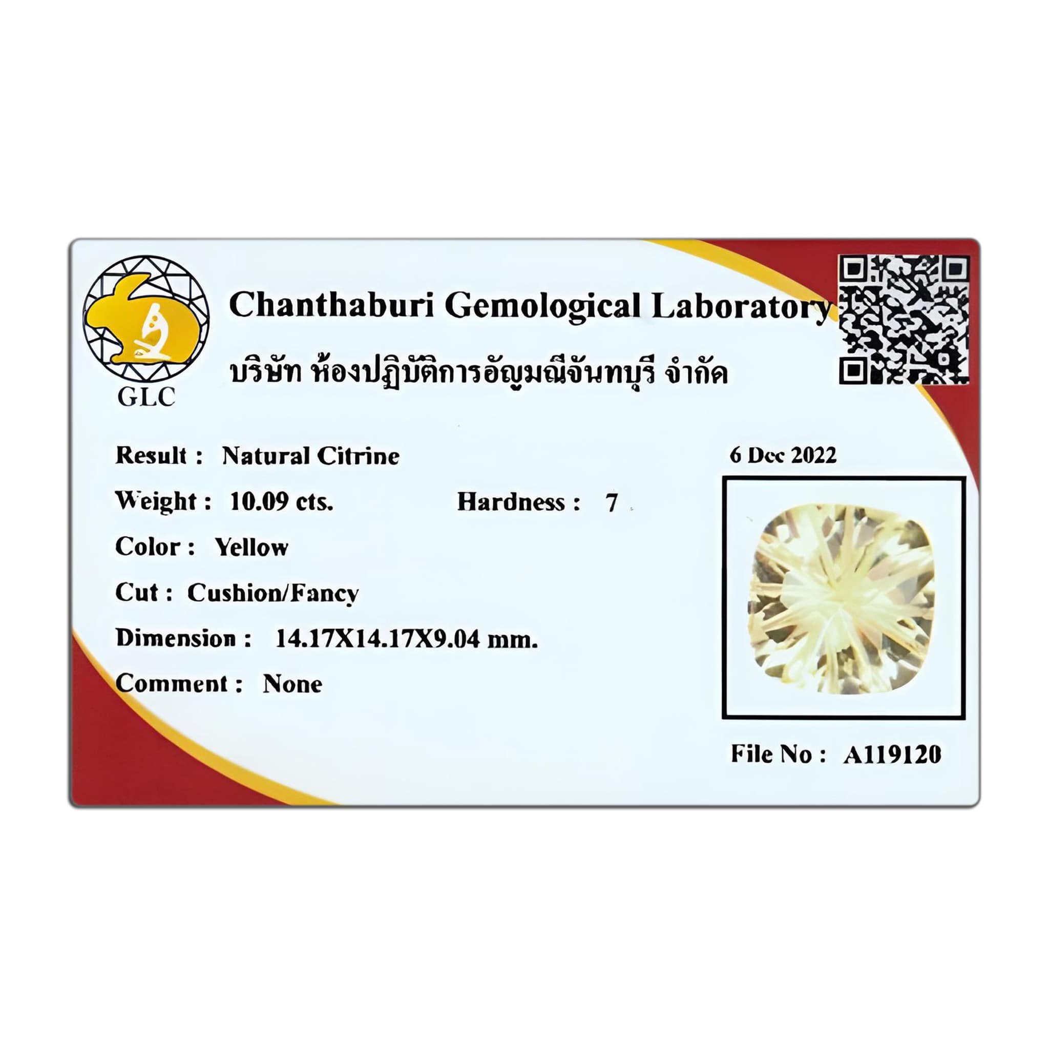 10.09 Carats - Certificate Natural Cushion Beehive Yellow Citrine