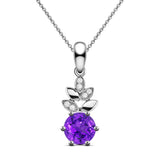 Vibrant Natural Round Purple Amethyst Sterling Silver Leaf Necklace