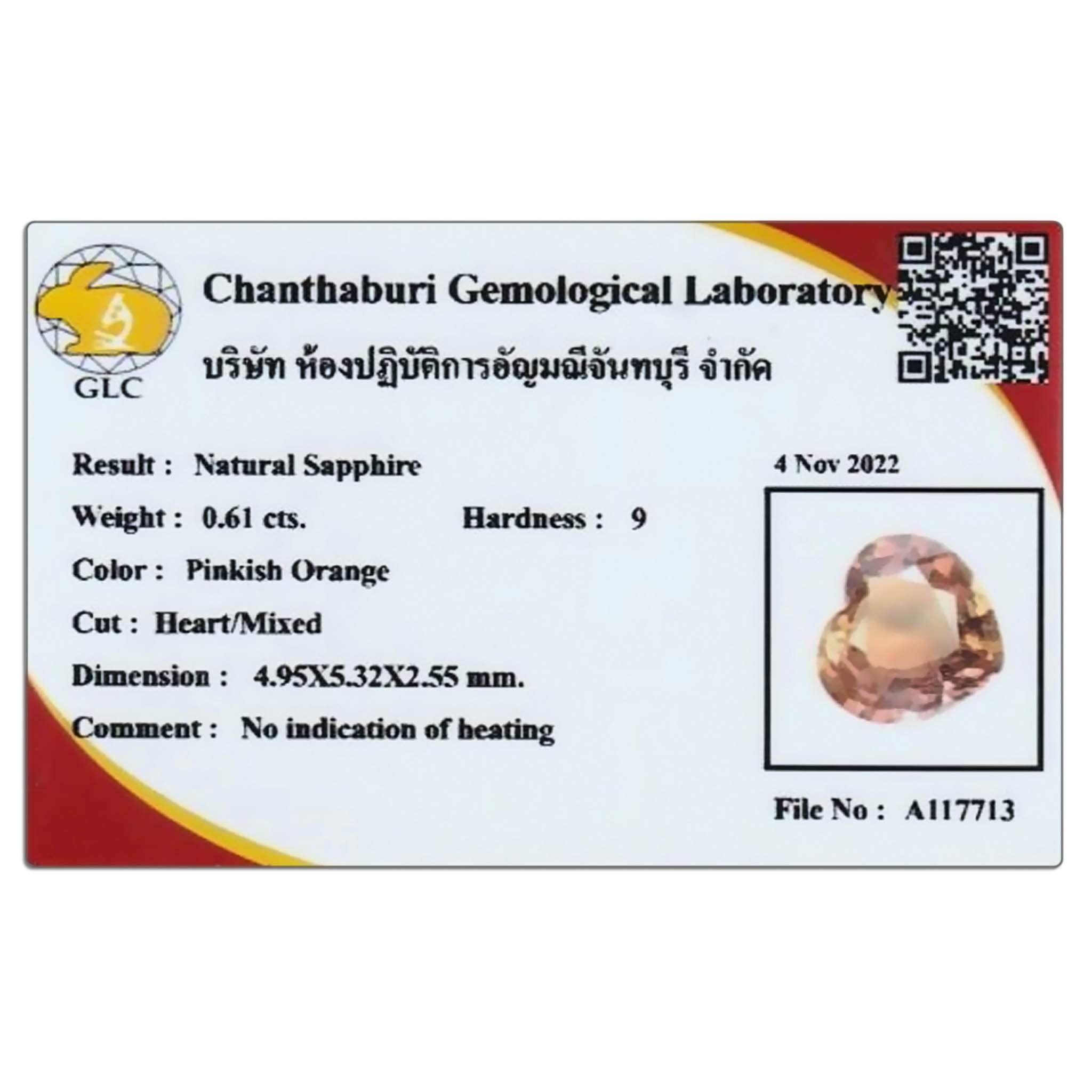 0.61 Carats - Certificate Natural Heart Pinkish Orange Sapphire