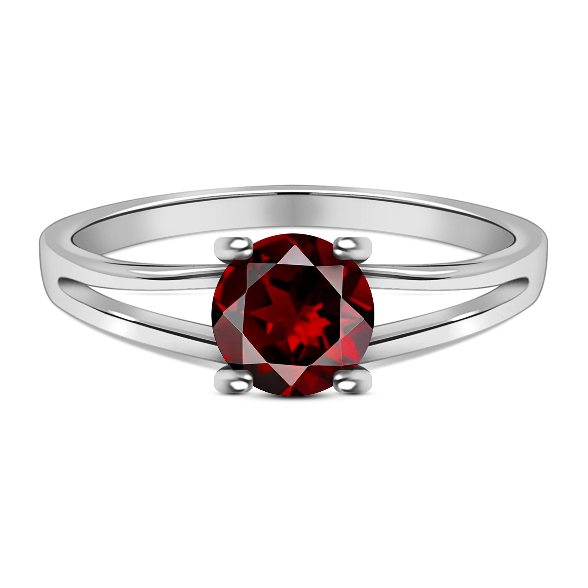 Delightful Natural Round Red Garnet Sterling Silver Split Shank Solitaire Ring