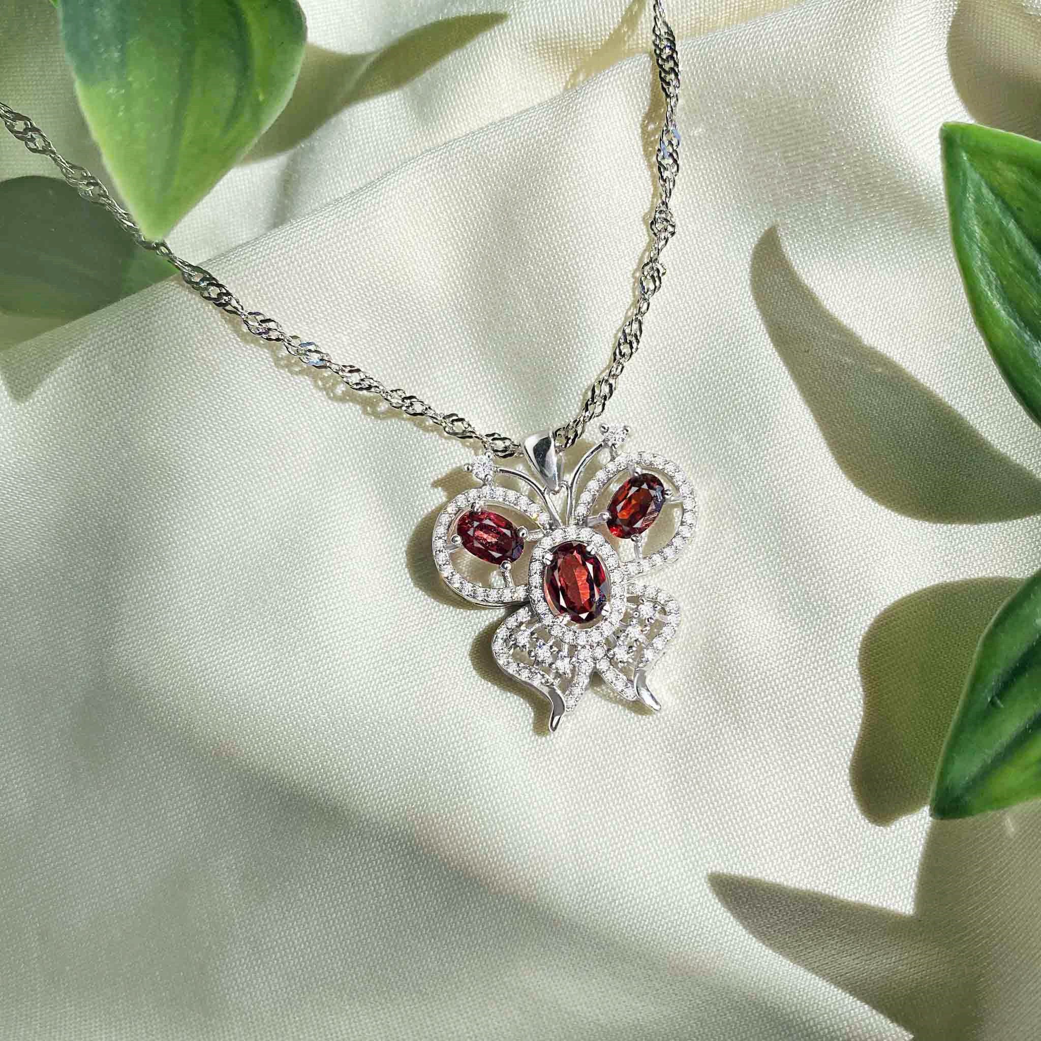 Fly Towards Happiness Natural Red Garnet Sterling Silver Butterfly Necklace