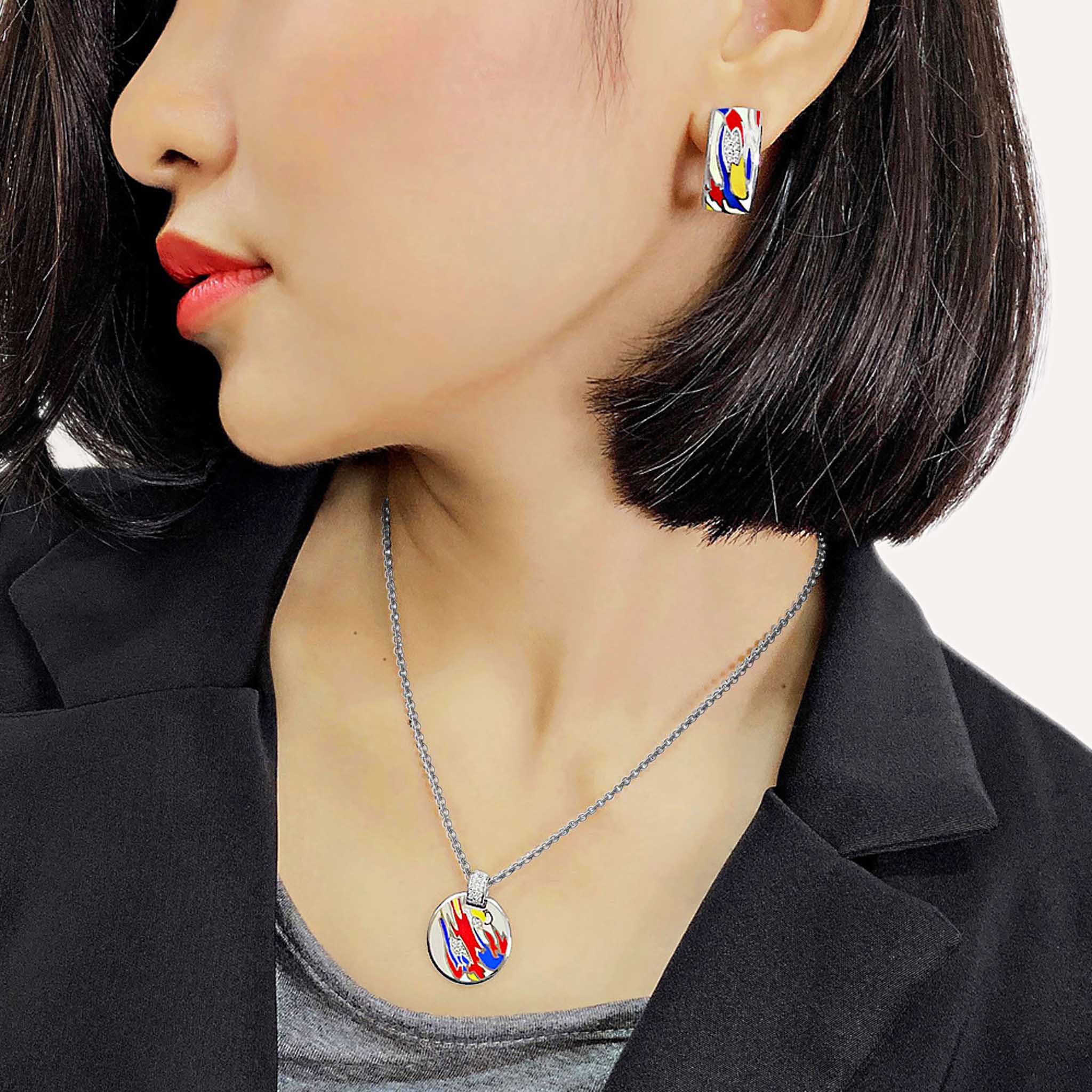 Flame Of Hope Enamel Zirconia Sterling Silver Medallion Style Necklace