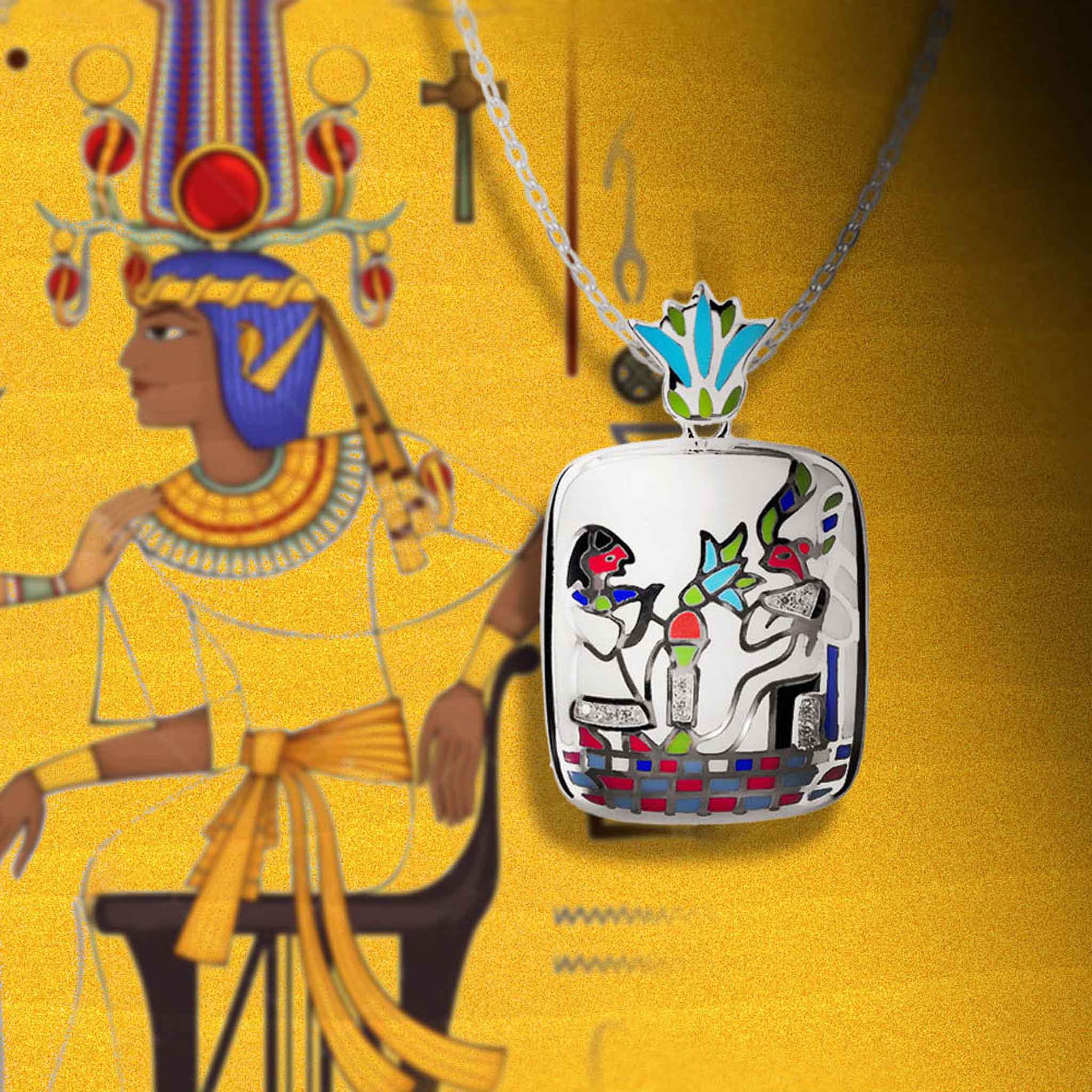 Egyptians Adore Enamel Zirconia Sterling Silver Artsy Necklace
