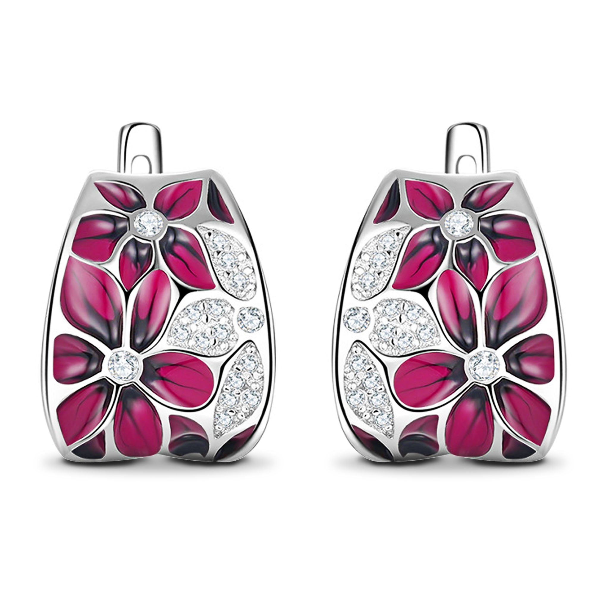 Delightful Flower Series Enamel Zirconia Sterling Silver Latch Back Earrings