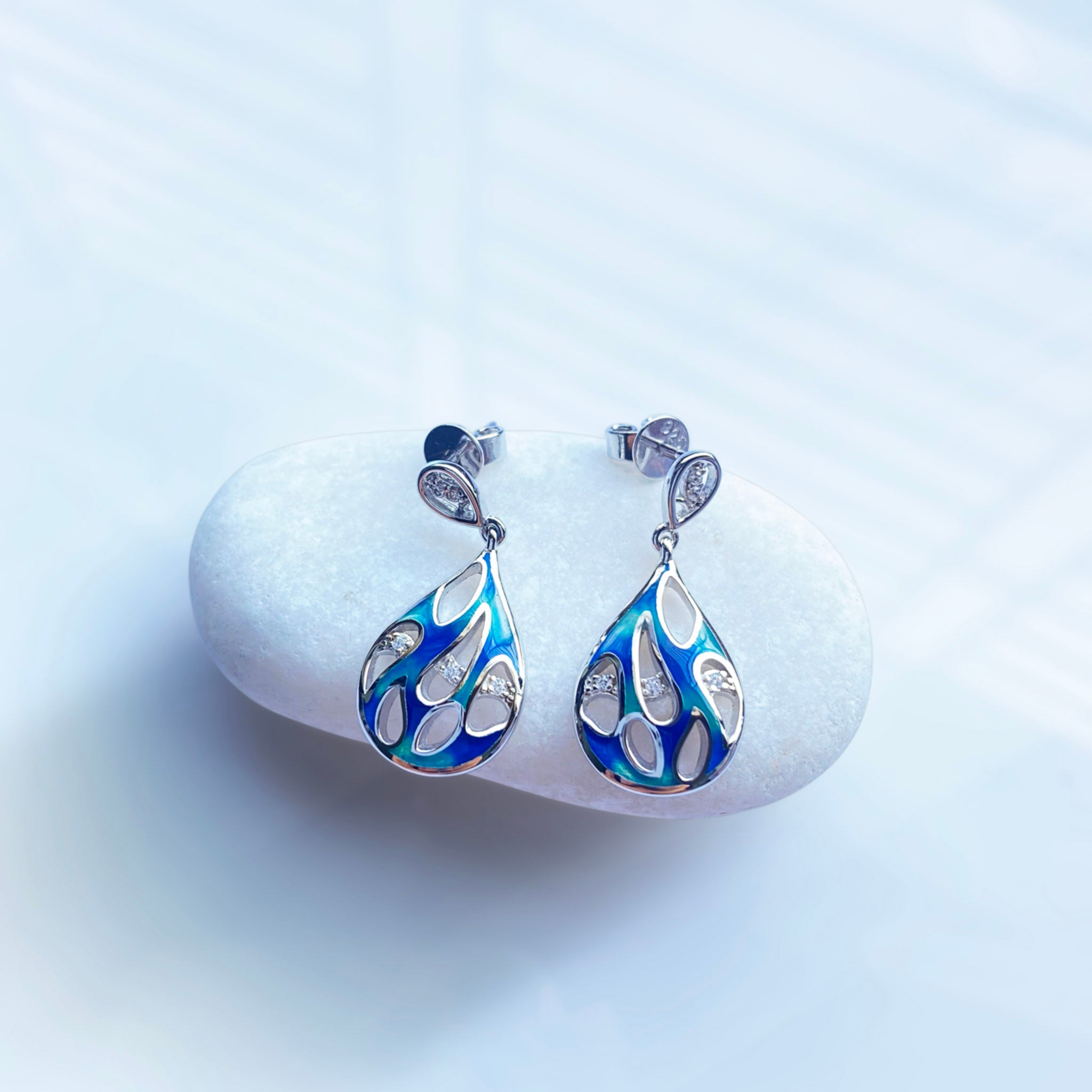 The Ocean of Star Enamel Zirconia Sterling Silver Stud Dangle Earrings