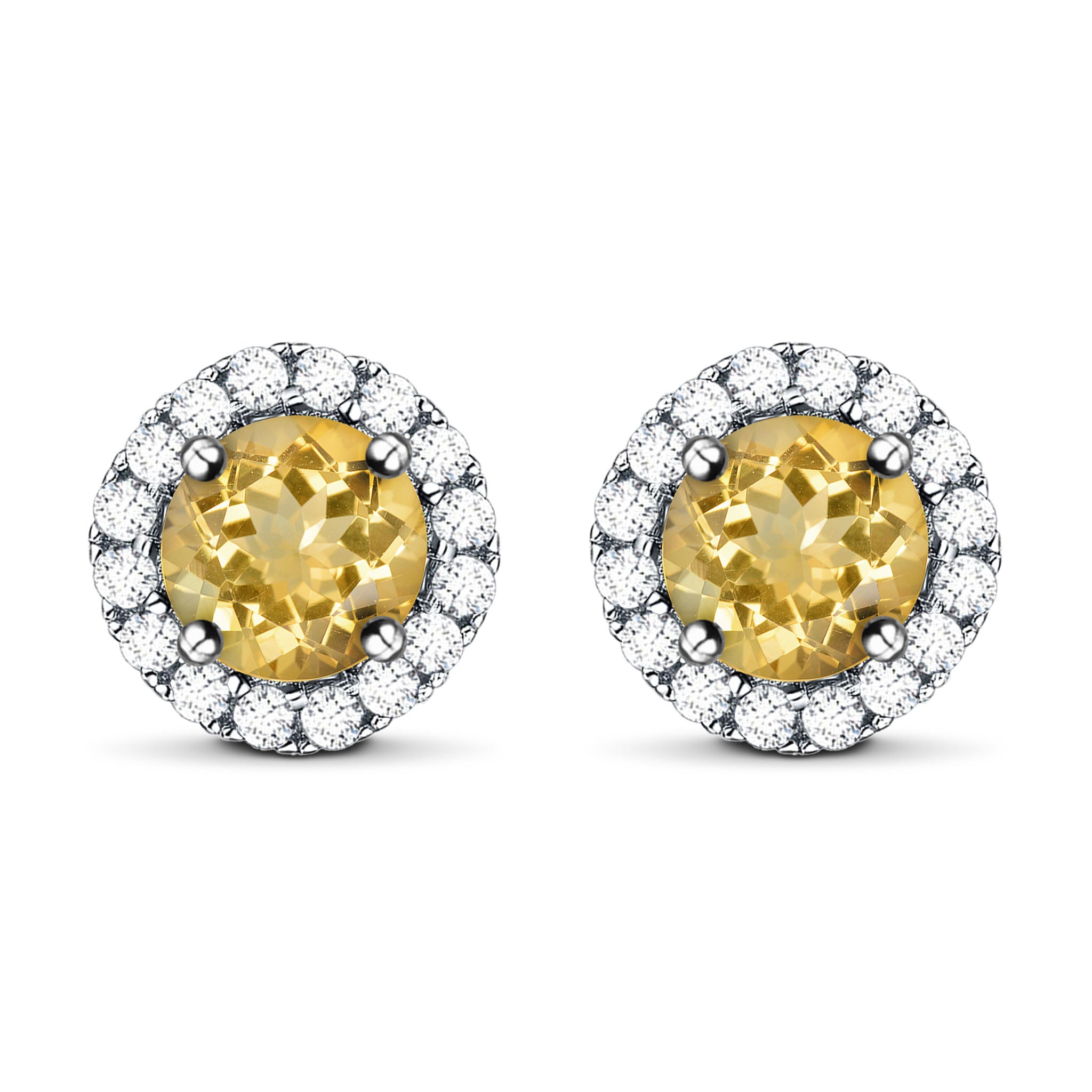 Elegant Halo Style Natural Yellow Citrine Sterling Silver Stud Earrings