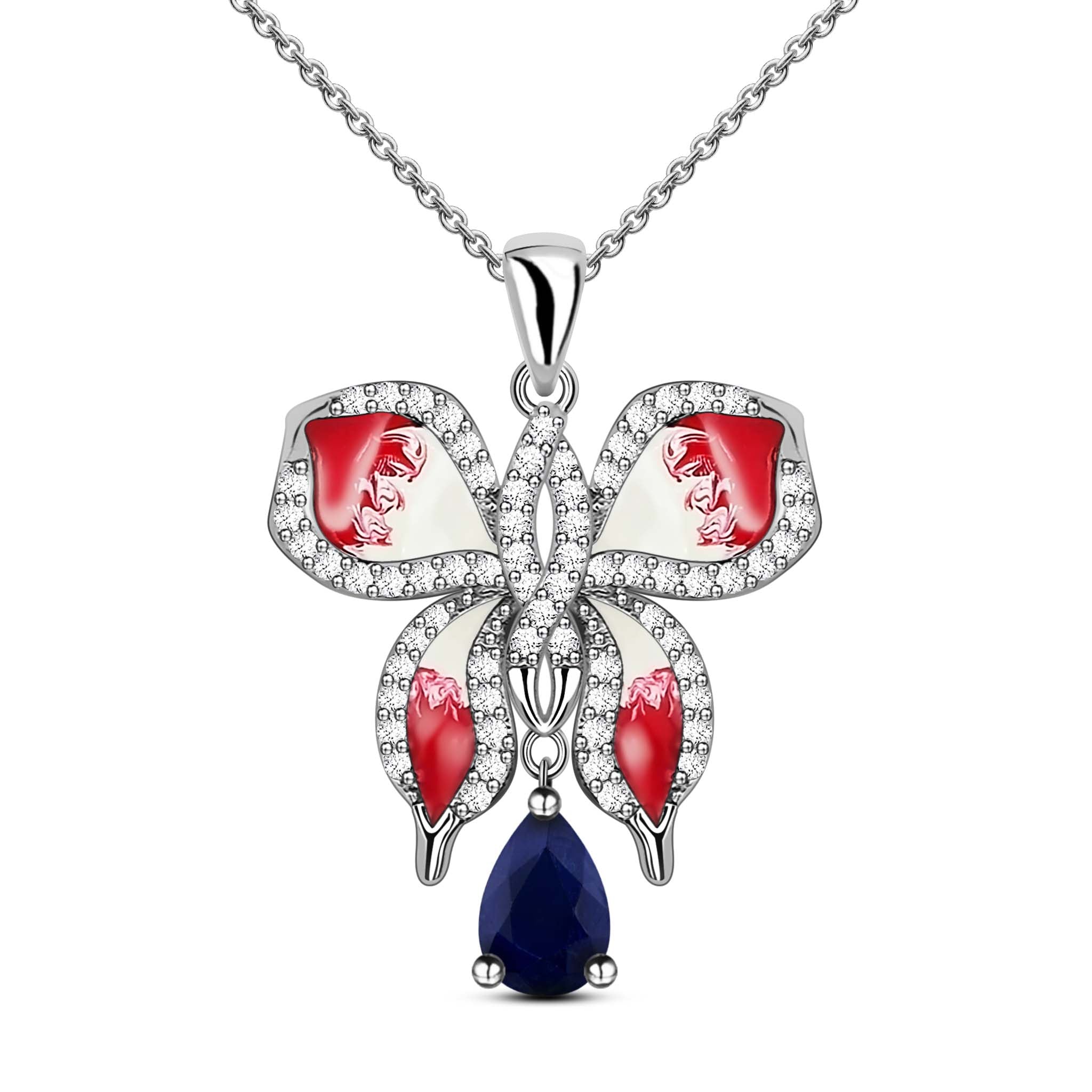 Liberty Natural Blue Sapphire Sterling Silver Enamel Butterfly Necklace