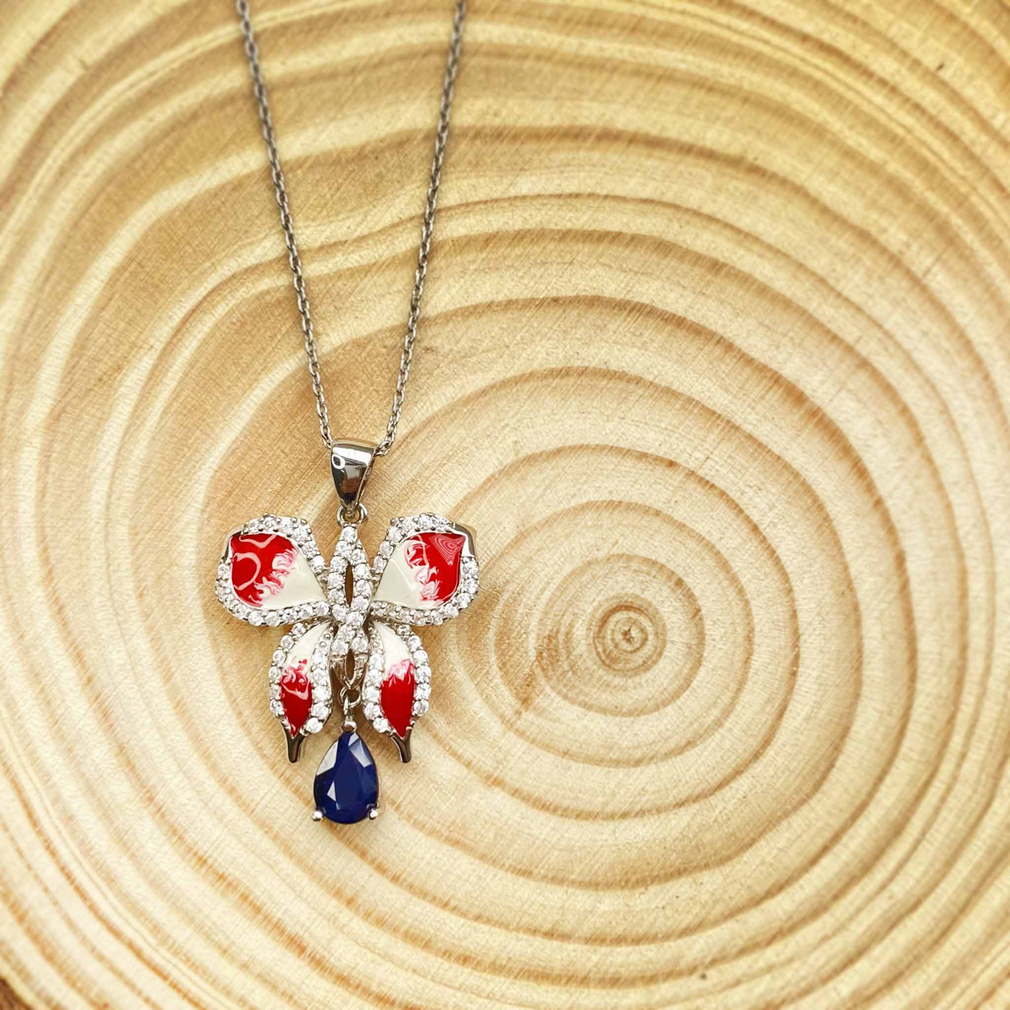 Liberty Natural Blue Sapphire Sterling Silver Enamel Butterfly Necklace