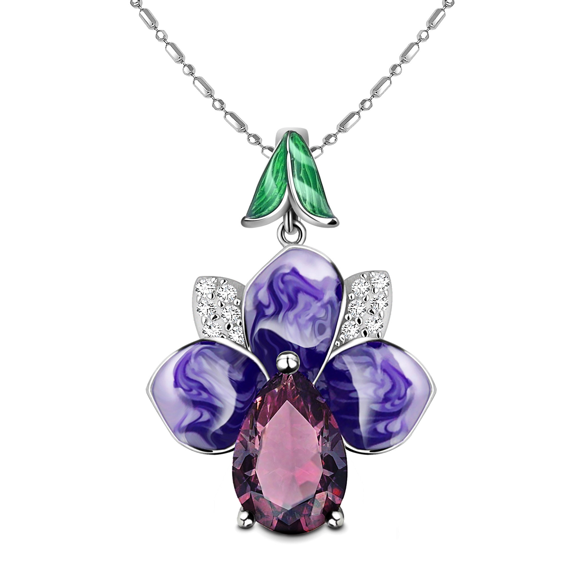 Hibiscus Syriacus Ultramarine Enamel Zirconia Sterling Silver Necklace
