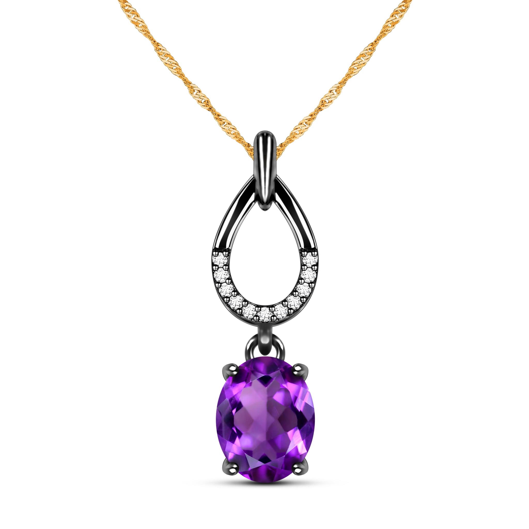 Black Romanticism Natural Oval Purple Amethyst Sterling Silver Necklace