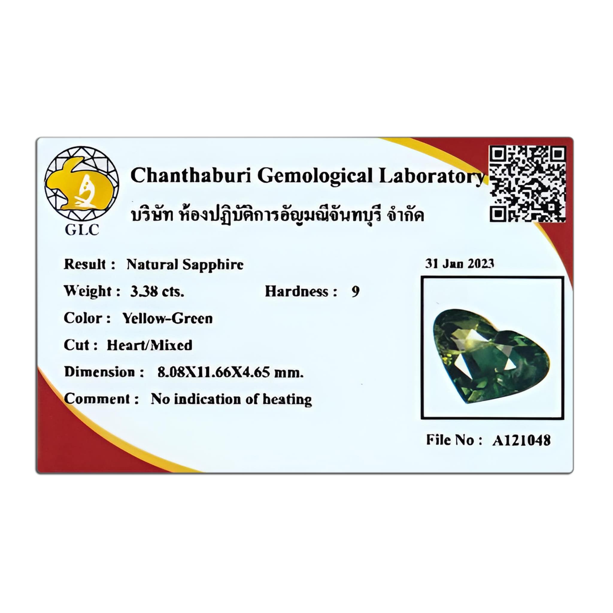 3.38 Carats - Certificate Natural Unheated Yellow Green Sapphire