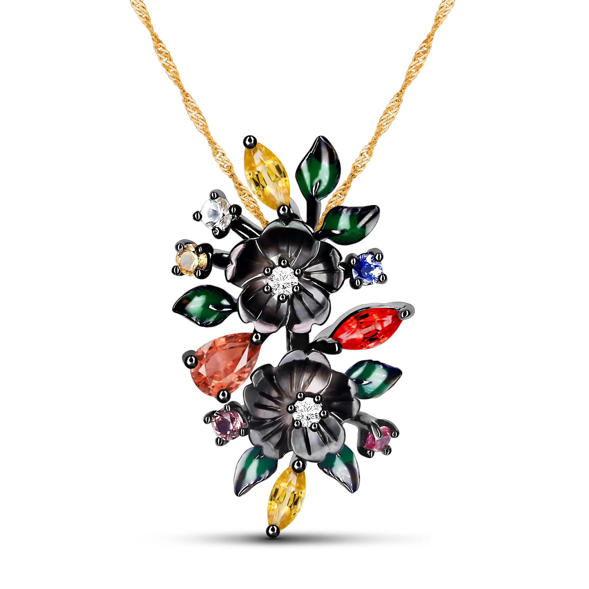 Twin Flowers Natural Multi-Color Sapphire Sterling Silver Enamel Necklace