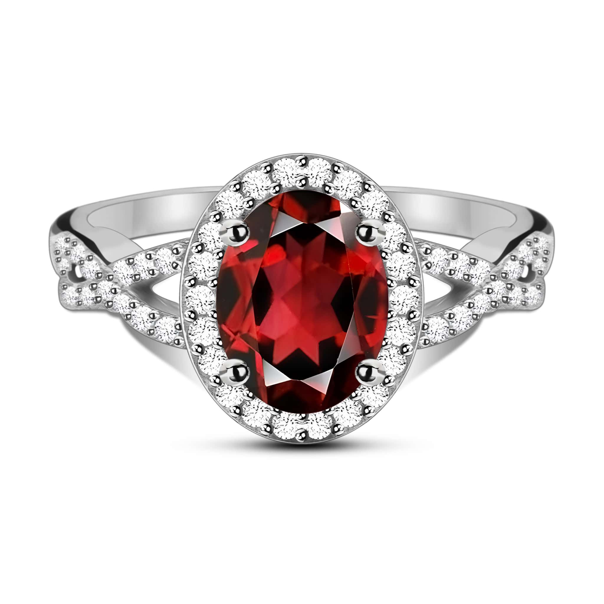 Peeress Natural Oval Red Garnet Sterling Silver Generous Halo Ring