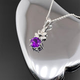 Vibrant Natural Round Purple Amethyst Sterling Silver Leaf Necklace