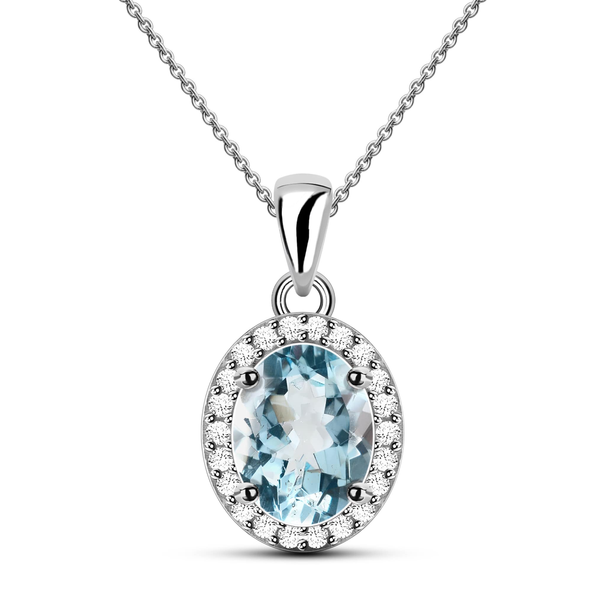Halo Setting Natural Oval Sky Blue Topaz Sterling Silver Necklace