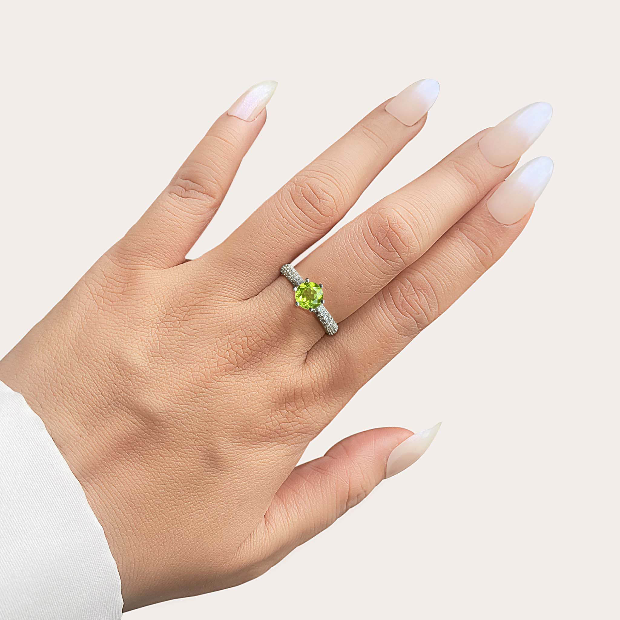 Elegant Luminous Natural Round Green Peridot Sterling Silver Pave Ring