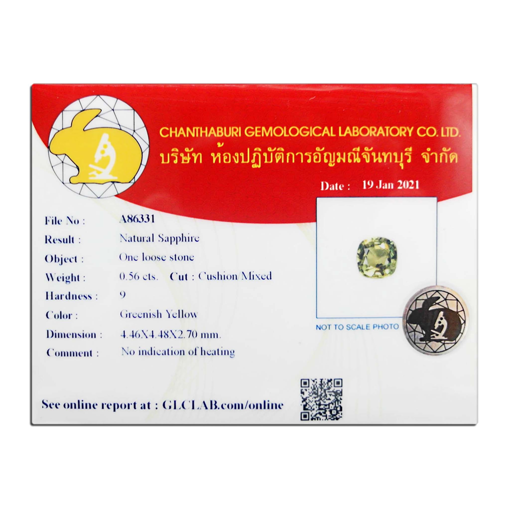 0.56 Carats - Certificate Natural Cushion Greenish Yellow Sapphire