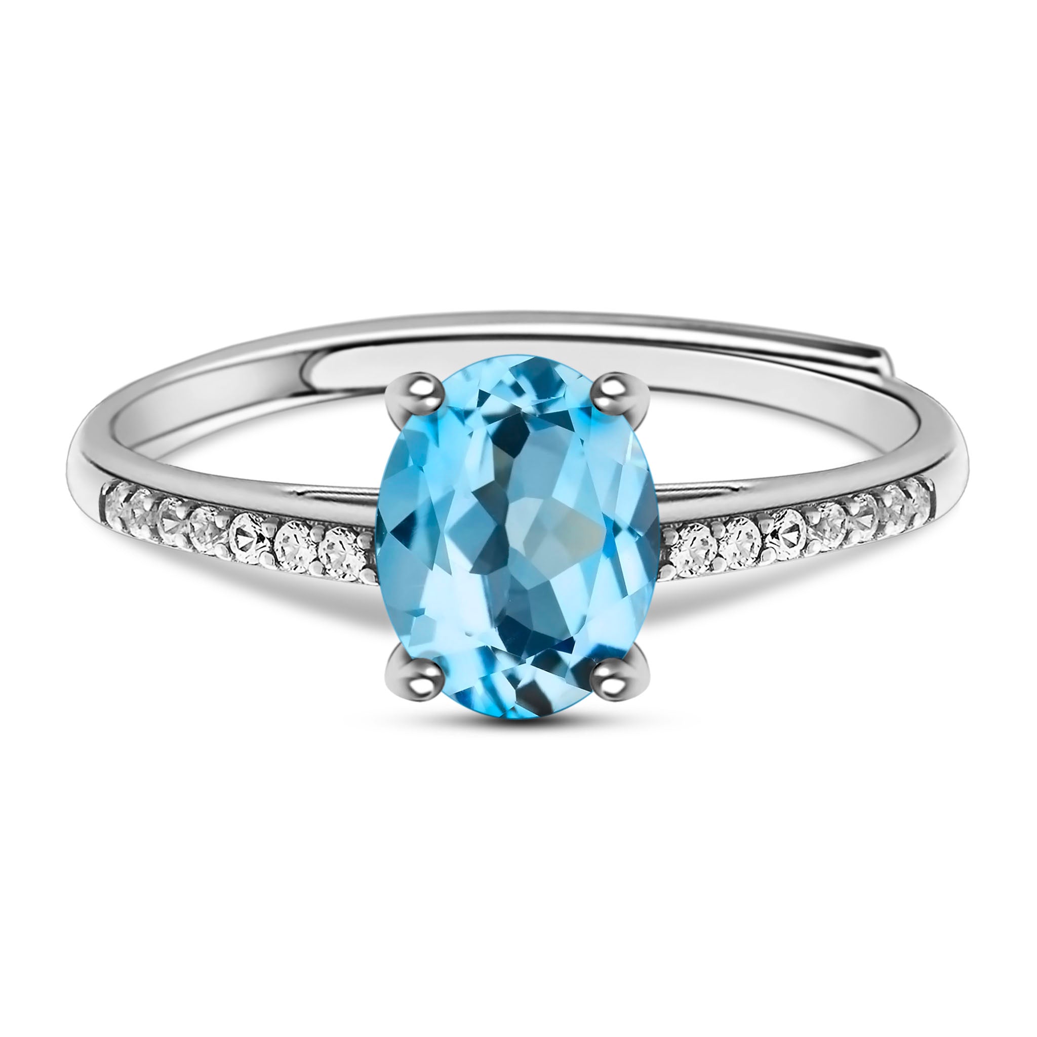 Gentlewoman Natural Oval Swiss Blue Topaz Sterling Silver Pave Ring