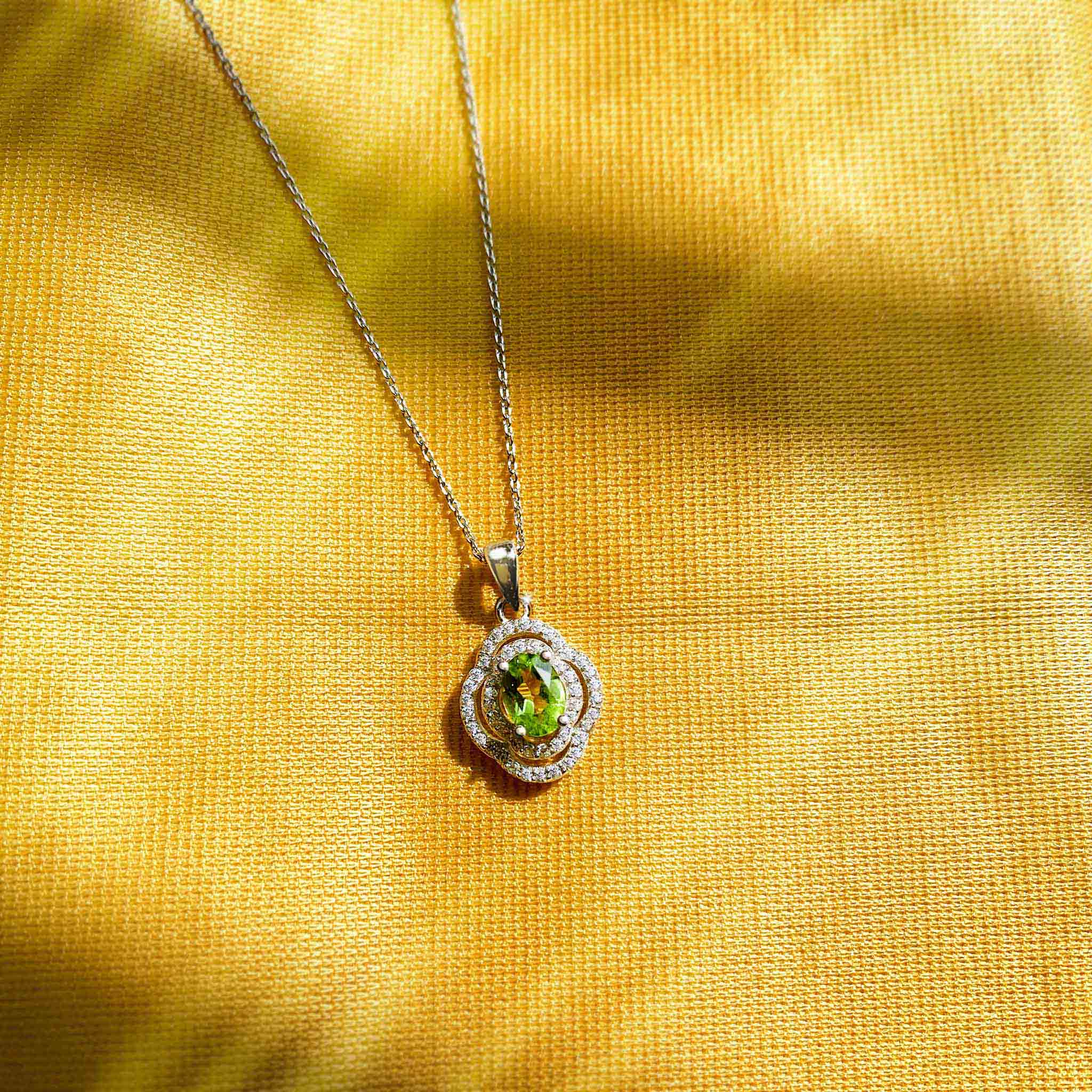 Perseverance Natural Elegant Oval Green Peridot Sterling Silver Blossom Necklace