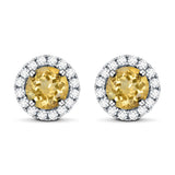 Elegant Halo Style Natural Yellow Citrine Sterling Silver Stud Earrings