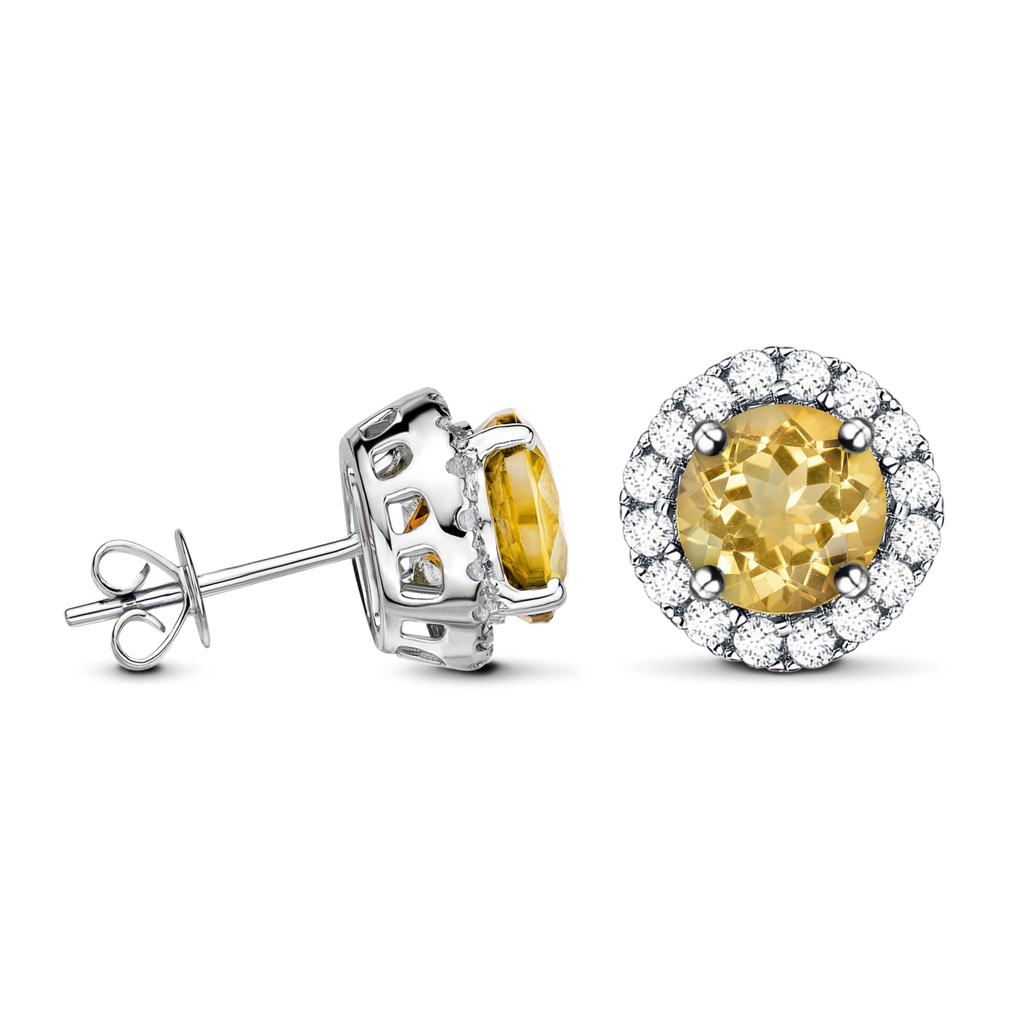 Elegant Halo Style Natural Yellow Citrine Sterling Silver Stud Earrings