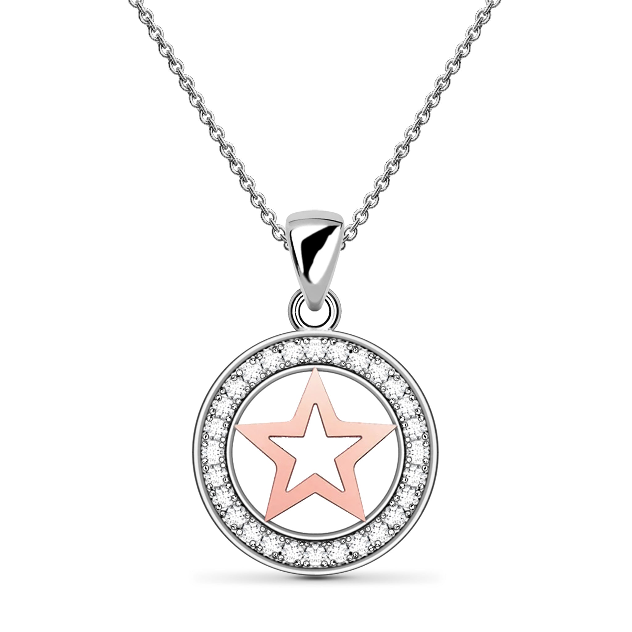 Circle of Stars Pretty White Zirconia Sterling Silver 2-Tones Necklace