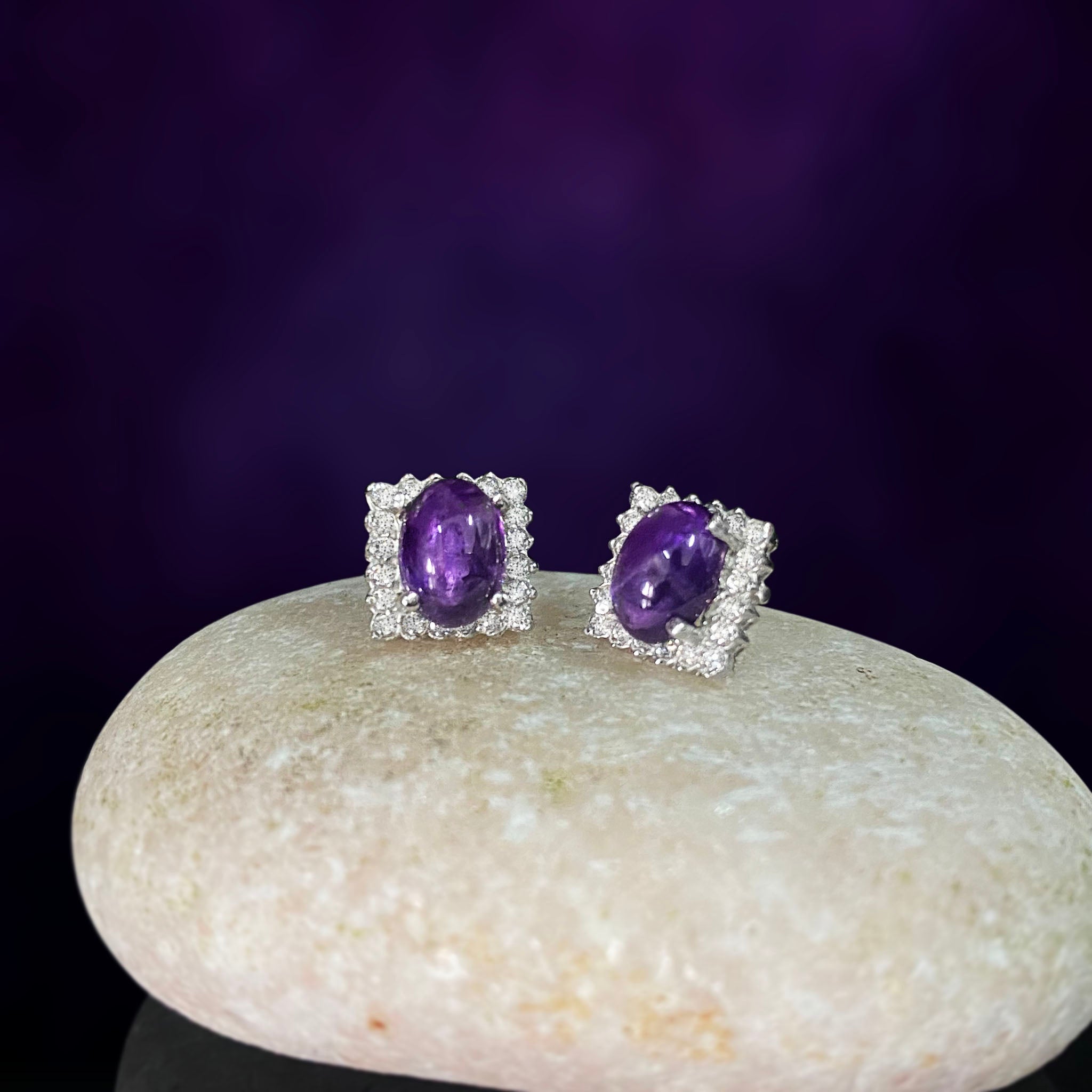 Alluring Natural Cabochon Purple Amethyst Sterling Silver Stud Earrings